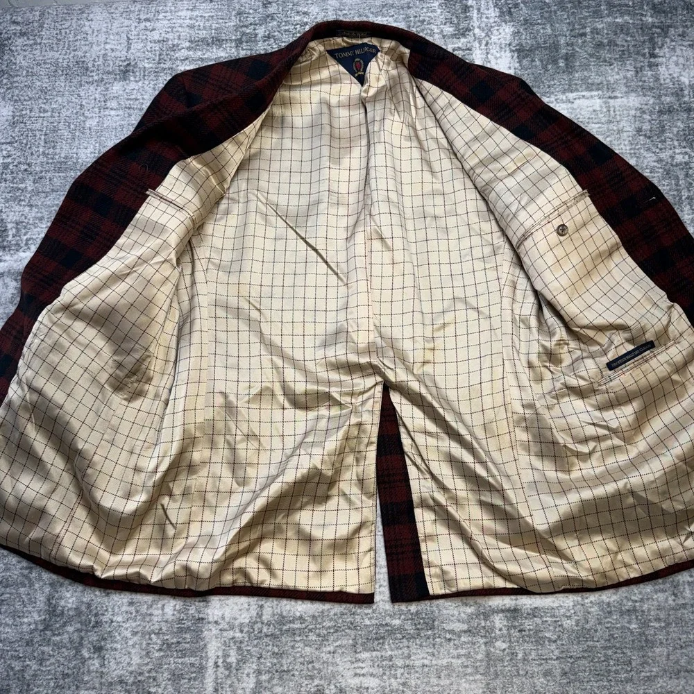 VTG Tommy Hilfiger Blazer Jacket Mens 42 Red Plaid Tweed Wool Sport Coat Preppy